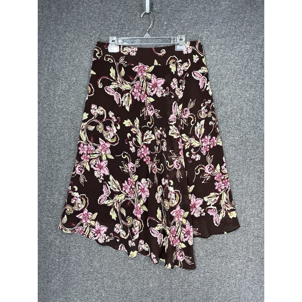 Y2K Emma James Petite Brown Floral Midi Skirt Womens 12 Chiffon Asymmetrical Hem - Picture 1 of 13